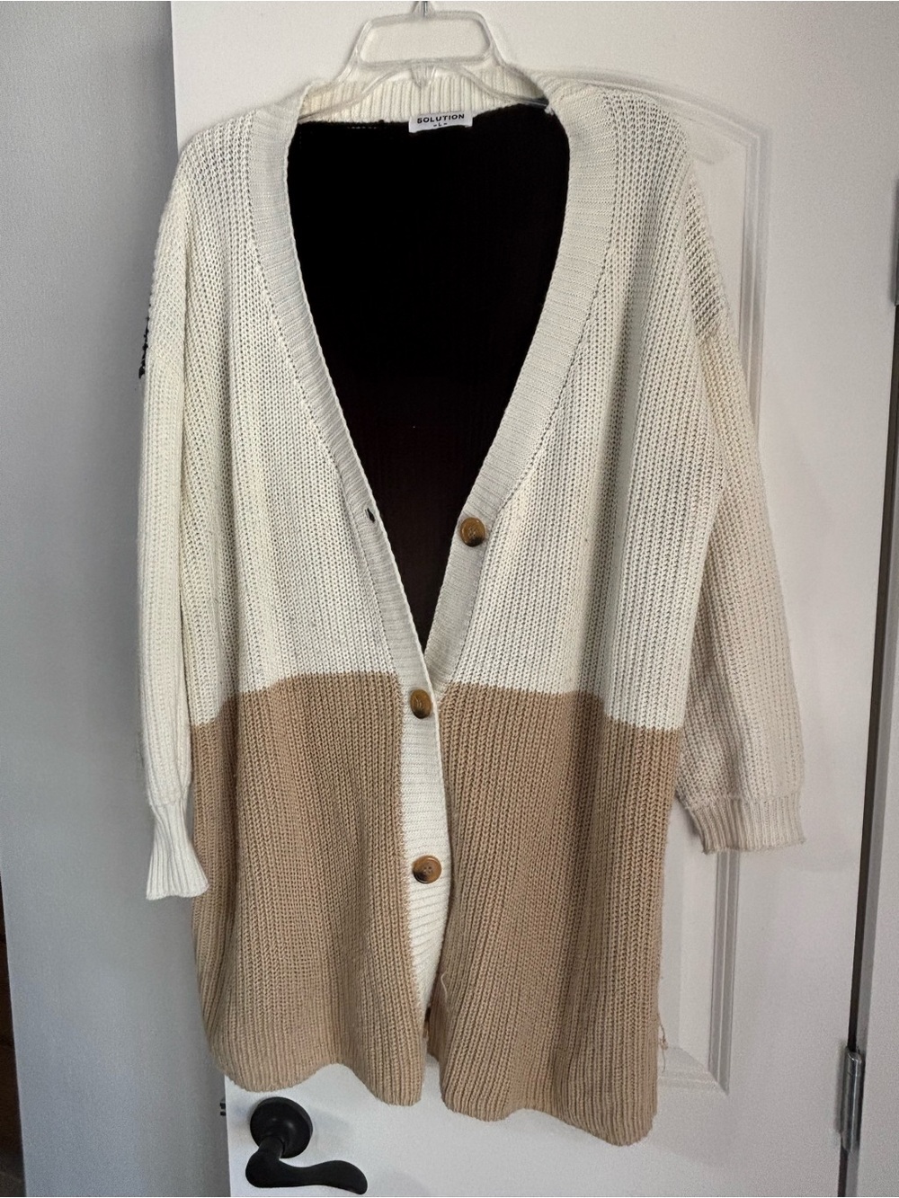 Cream and Tan Colorblock Knit Cardigan